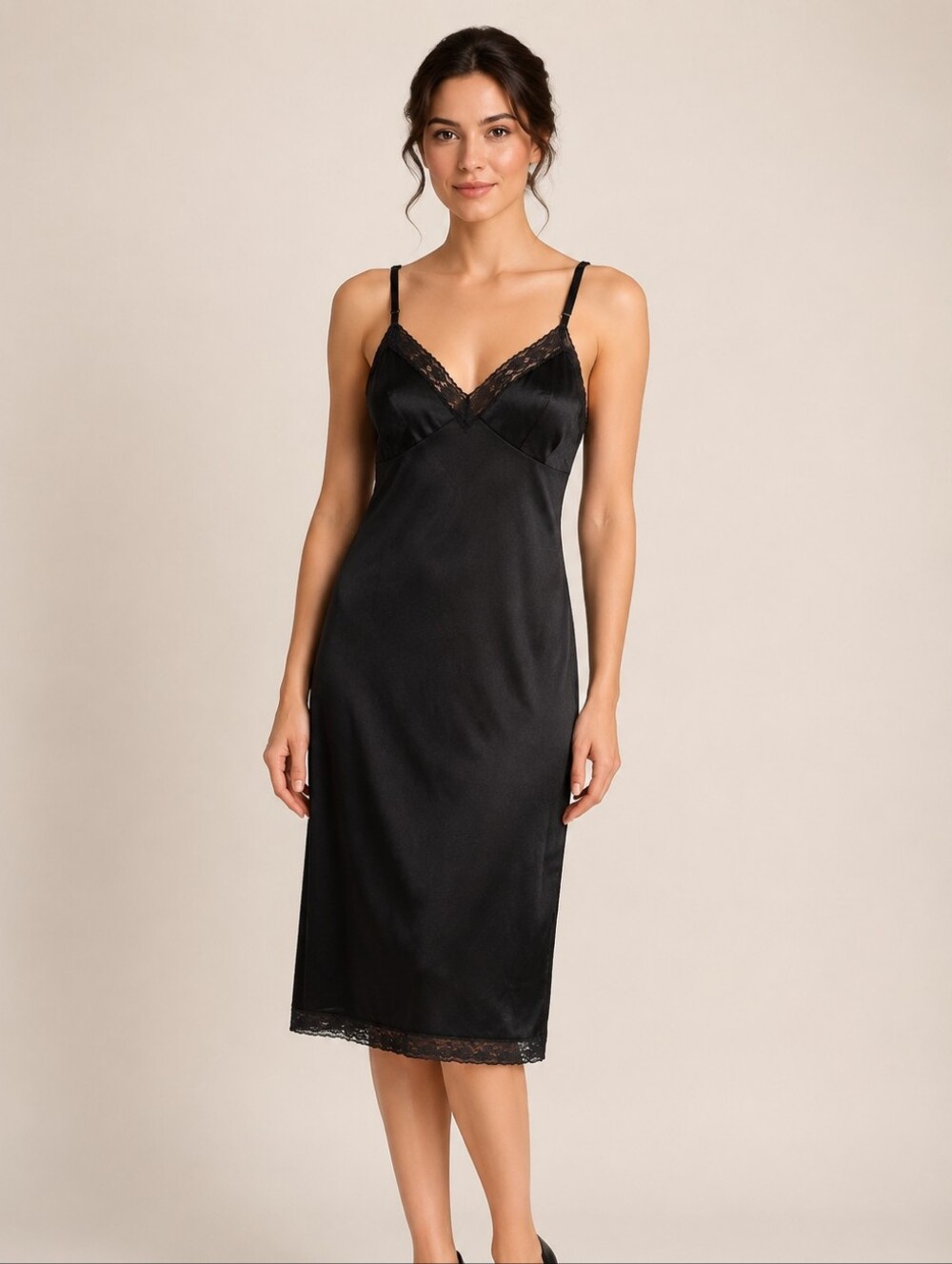 Vintage 1960s Vanity Fair Black Nylon Lace Full Slip Dress 36